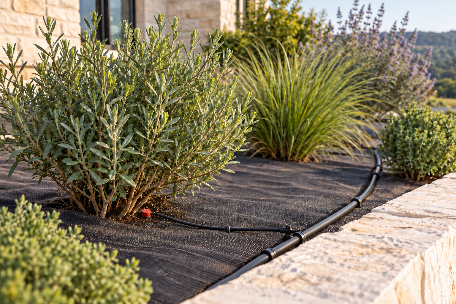 Drip emitter on a quarter-inch line feeding a planting bed